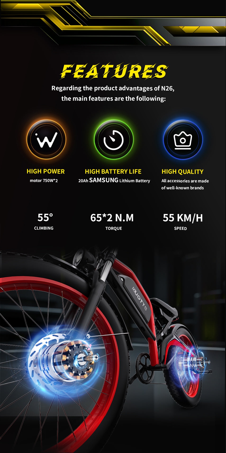 DUOTTS N26 RED – E-Bike con Doppia Modalità di Guida, DOPPIO MOTORE 750W, Display LCD Avanzato e Sospensione Regolabile