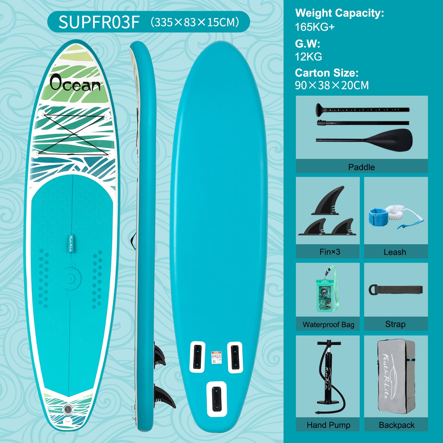 Tavola SUP Gonfiabile Ocean 11' | Portata 165kg+ | Design Marino | Kit Completo