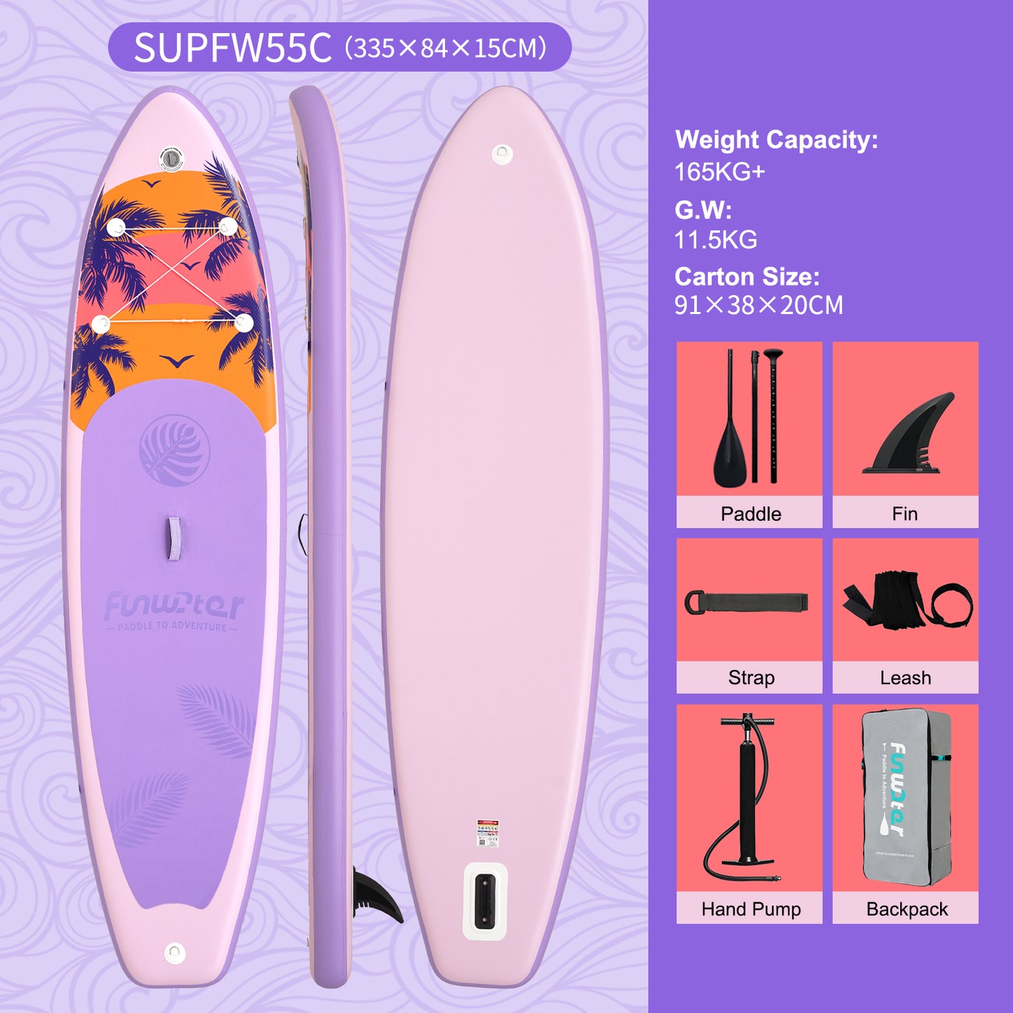 Tavola SUP Gonfiabile HAWAII 335*84*15 | Portata 165kg+ | Design Moderno | Leggero 11.5kg | Kit Completo