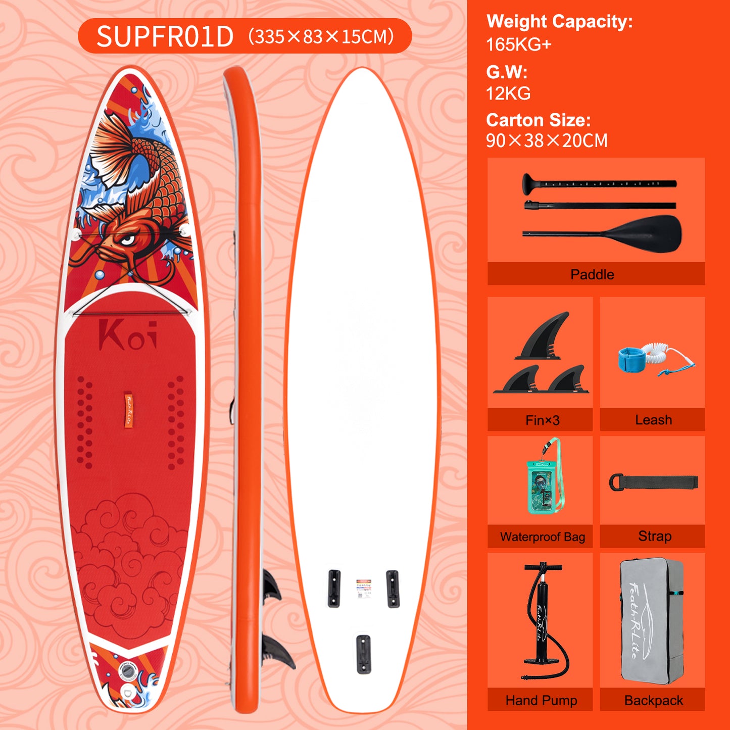SUP Gonfiabile FathRide 335*83*15 | Portata 165kg+ | Design Koi Esclusivo | Kit Completo