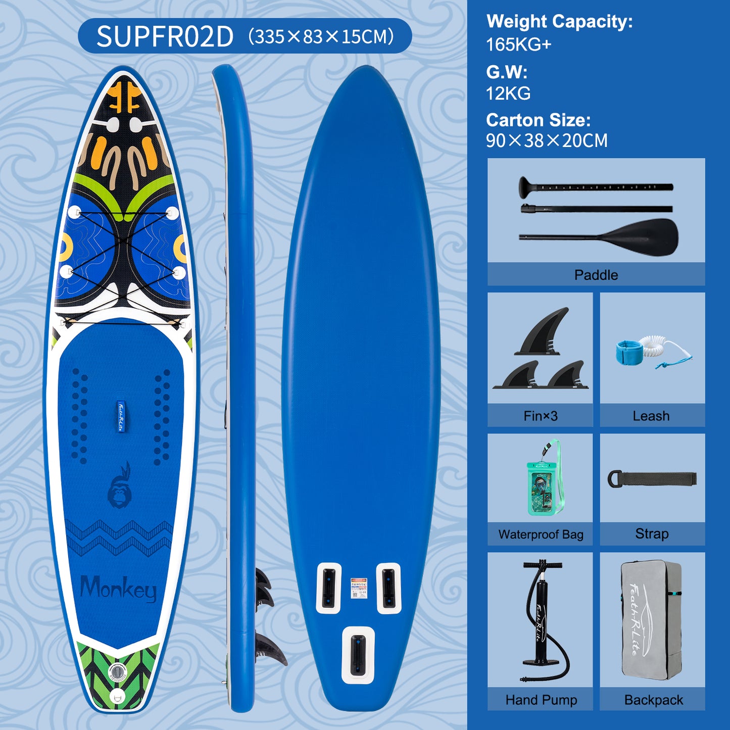 SUP Gonfiabile F-Lite 335*83*15 | Portata 165kg+ | Design Monkey Esclusivo | Kit Completo