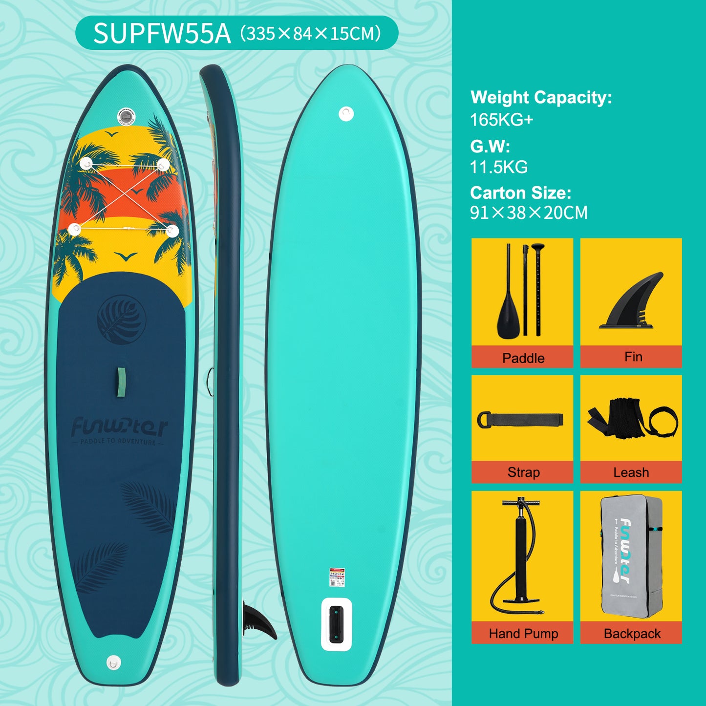 Tavola SUP Gonfiabile HAWAII X 335*84*15 | Portata 165kg+ | Design Moderno | Leggero 11.5kg | Kit Completo
