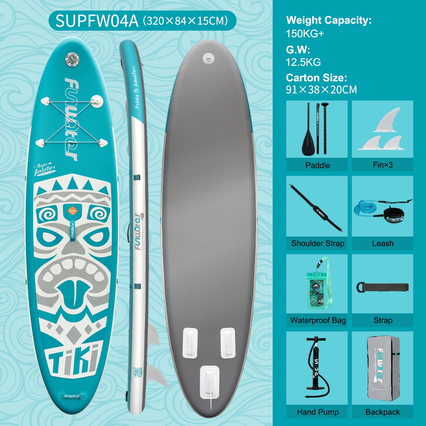 Tavola SUP gonfiabile 'Traveller' 320*84*15 | Portata 150kg | Doppio Layer | Kit Completo
