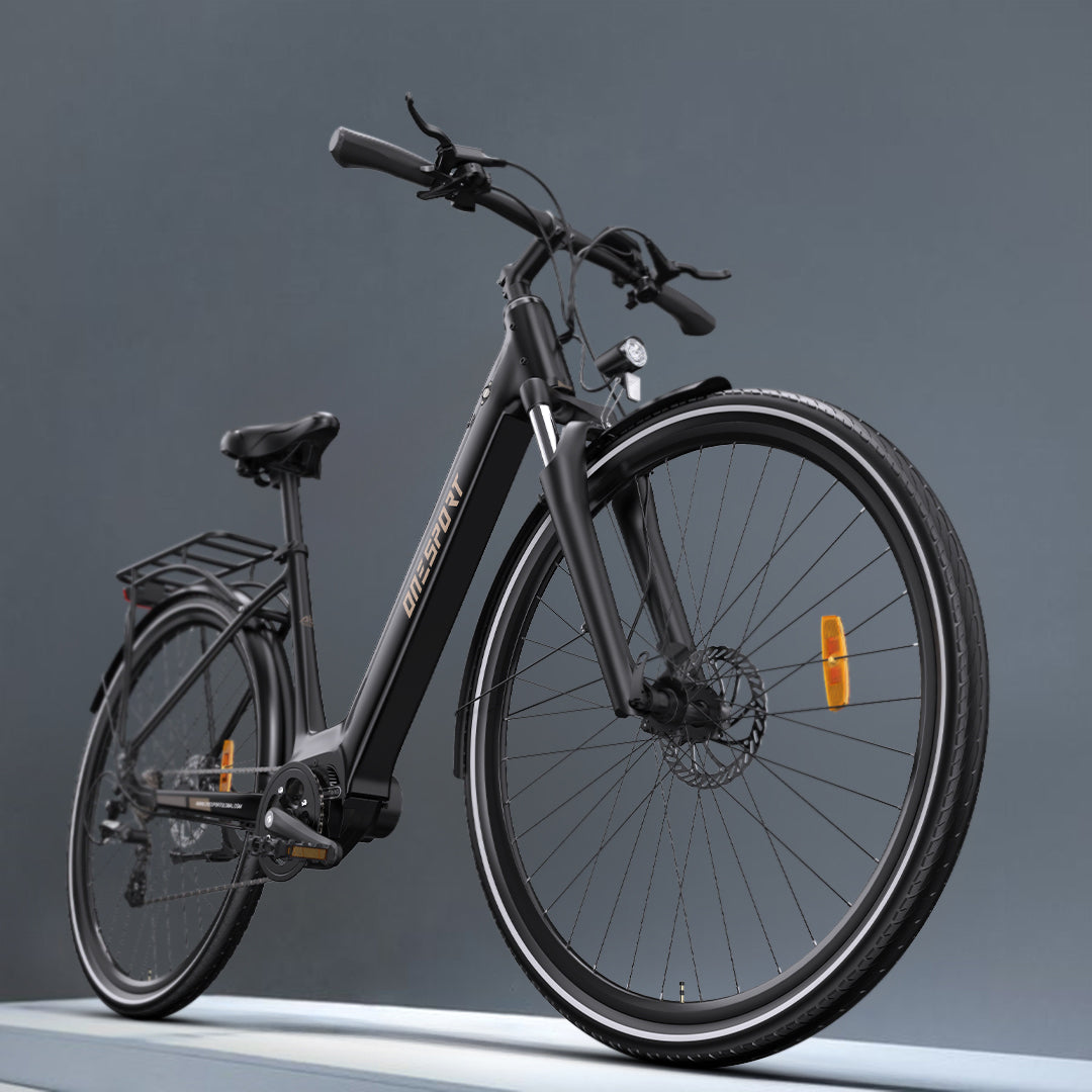 ONESPORT OT-07 BLACK – E-Bike Urbana con Motore BAFANG da 250W 36V, Batteria Rimovibile e Sospensione Regolabile