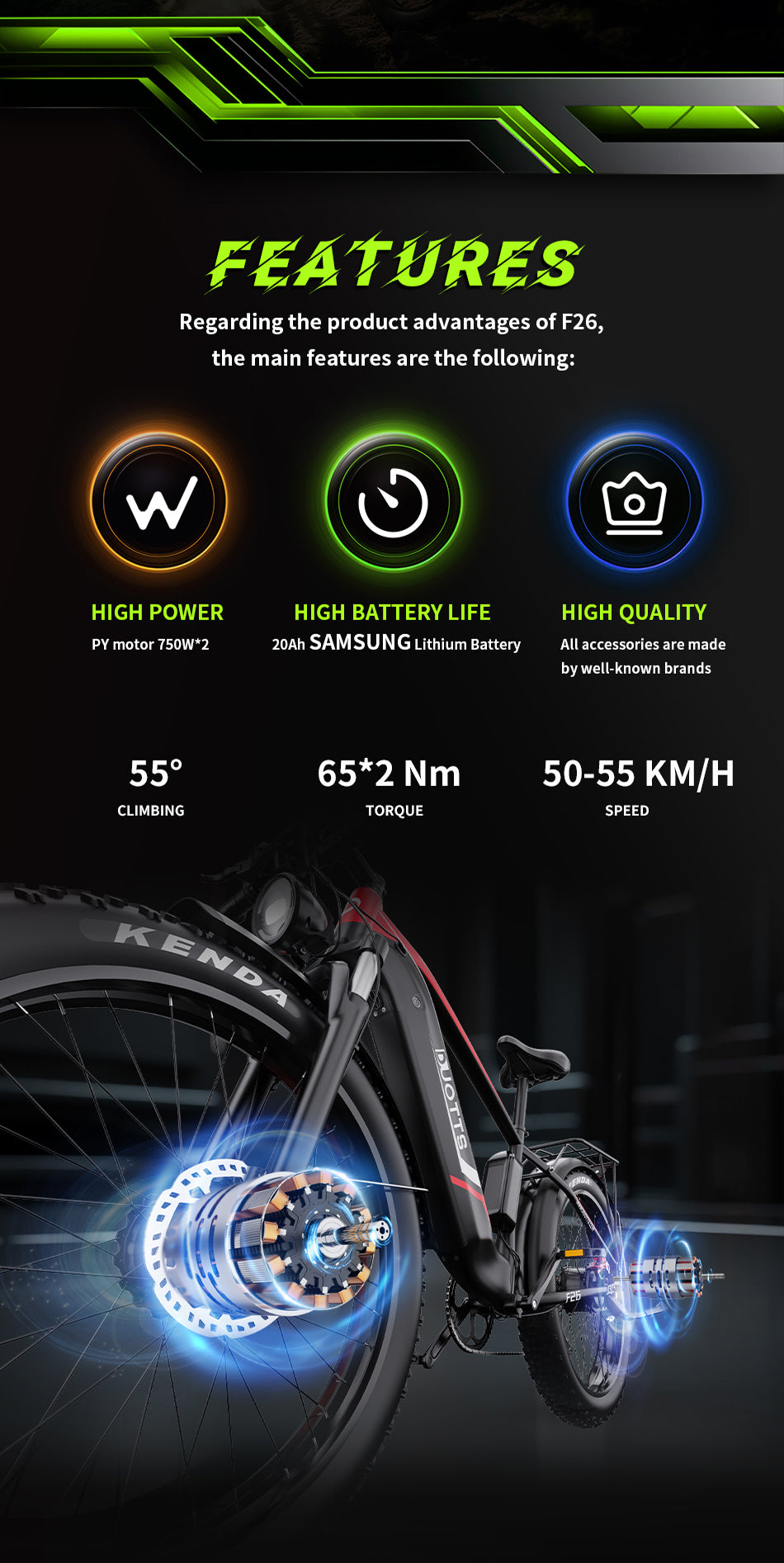 DUOTTS F26 PRO SILVER – E-Bike Cargo Elettrica con Doppio Motore da 750W, Batteria Rimovibile 48V 20AH Samsung e Display LCD