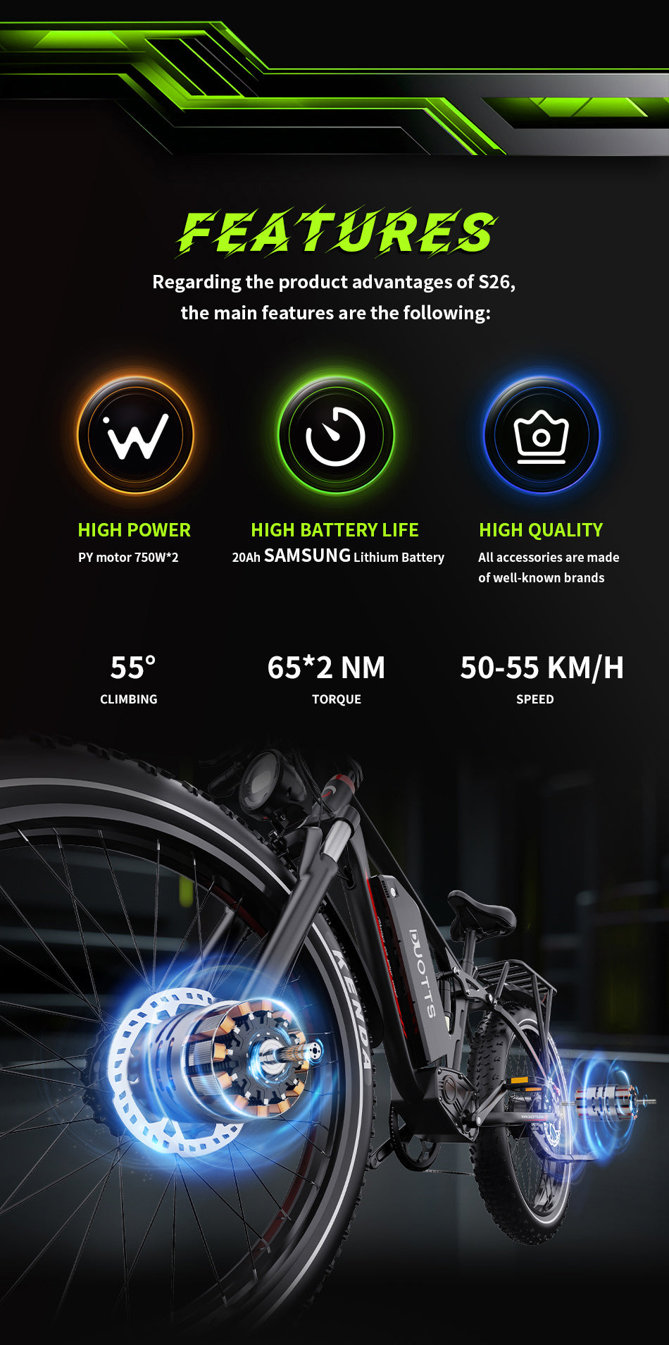 DUOTTS S26 PRO BLACK– E-Bike, 2 MOTORI 750W con Portapacchi, Doppia Modalità e Display LCD