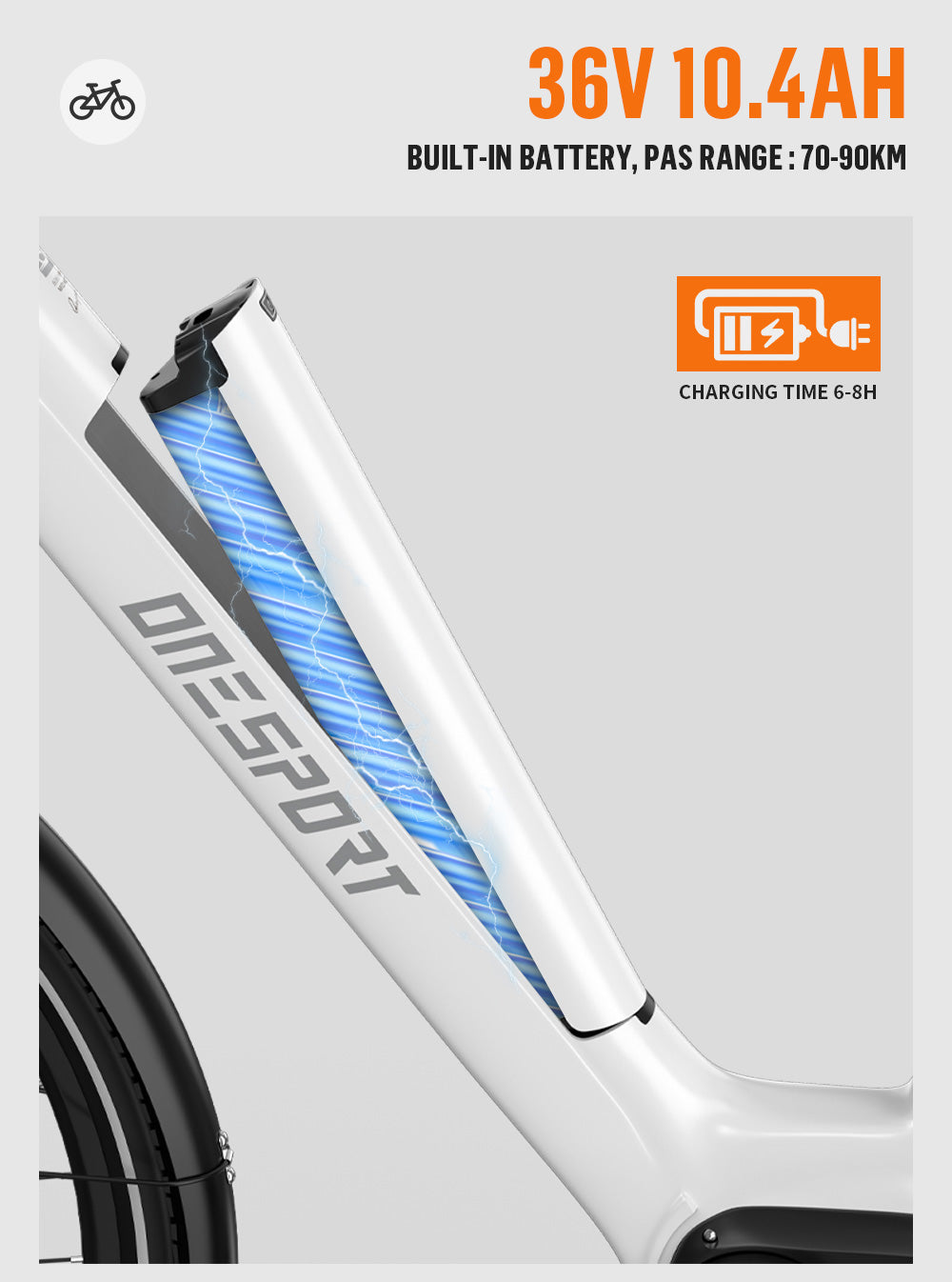 ONESPORT OT-07 WHITE– E-Bike Urbana con Motore BAFANG da 250W 36V, Batteria Rimovibile e Sospensione Regolabile