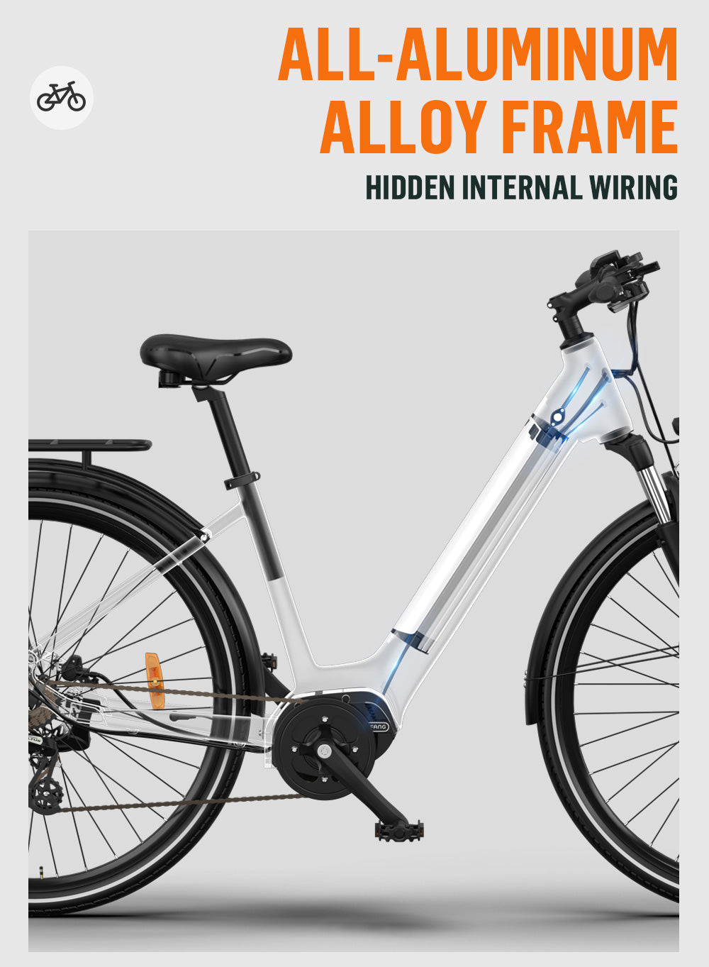 ONESPORT OT-07 WHITE– E-Bike Urbana con Motore BAFANG da 250W 36V, Batteria Rimovibile e Sospensione Regolabile