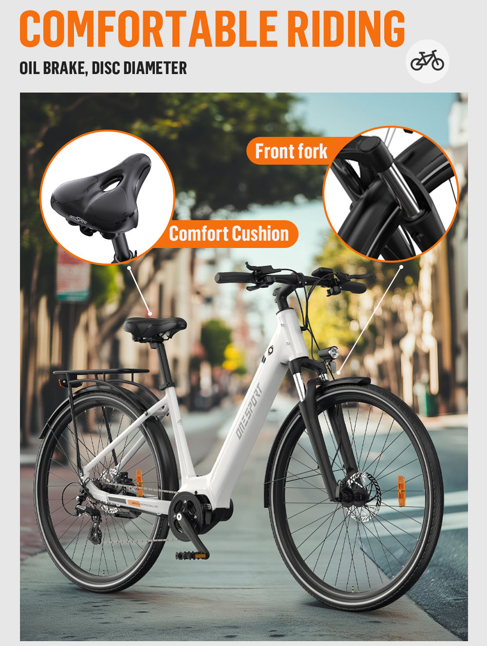 ONESPORT OT-07 WHITE– E-Bike Urbana con Motore BAFANG da 250W 36V, Batteria Rimovibile e Sospensione Regolabile