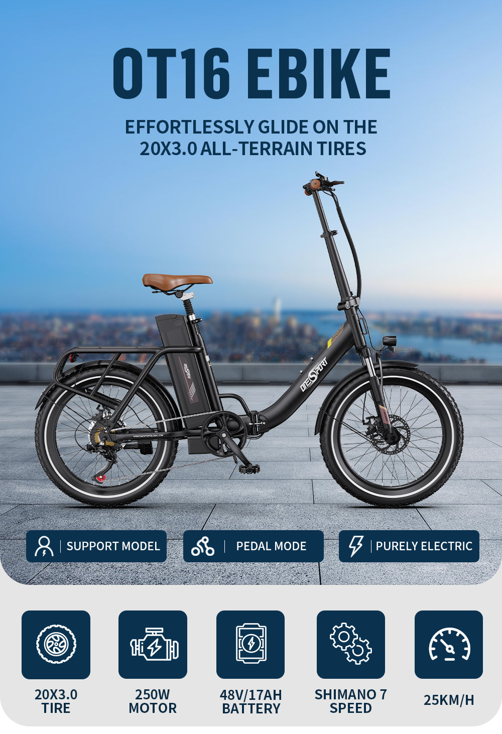 ONESPORT OT16 BLACK-BROWN – E-BIKE Pieghievole con Motore 48V 250W Potente, Batteria Rimovibile e Sospensioni