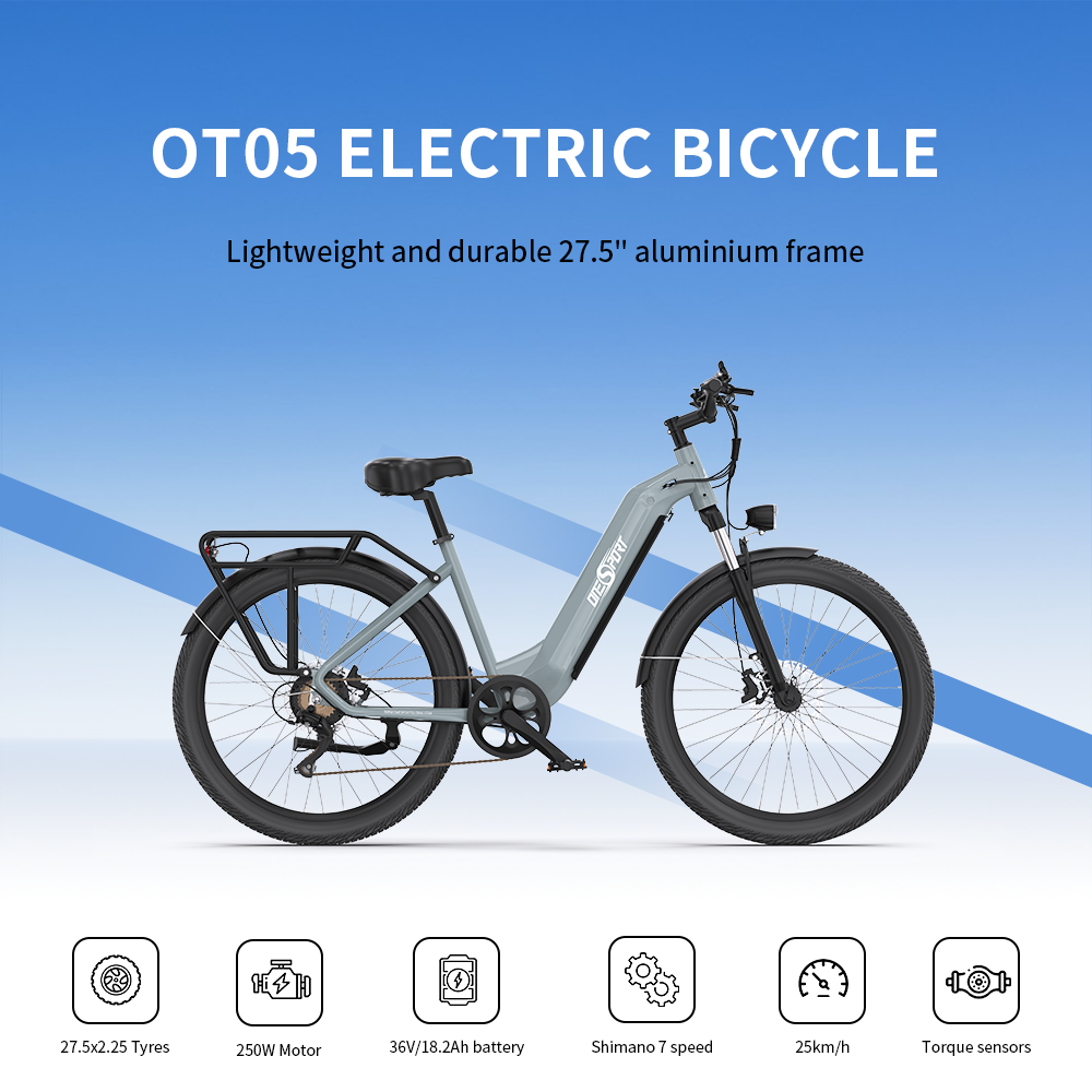 OneSport OT05 PRO GREY-BLUE - e-Bike Avanzata | Motore 250W | Batteria Estraibile | Display LCD