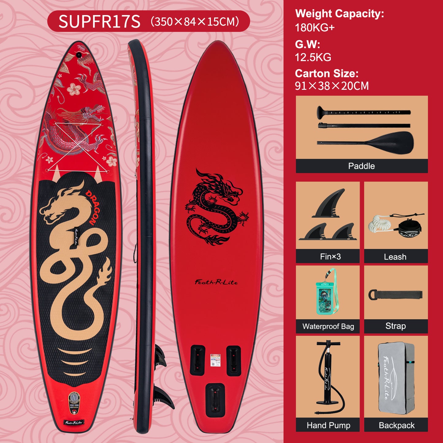 Tavola SUP Gonfiabile  Pulse Red 350*84*15 | Portata 180kg+ | Ultra Stabile | Base GoPro | Kit Completo (Copia)